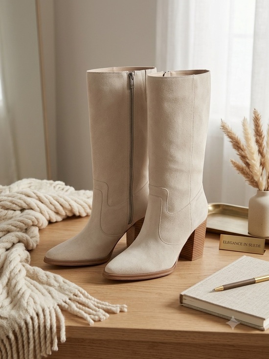 Franco Sarto Shoes - Franco Sarto Light Beige Suede Mid-Calf Block Heel Boots